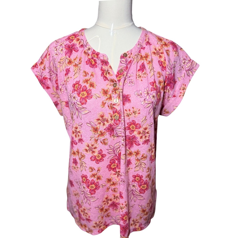 LOFT Womens Pink Floral Short Sleeve Knit Blouse Top Small relaxed oversized EUC